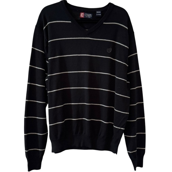 Chaps Black and White Striped V Neck Sweater - Picture 1 of 4